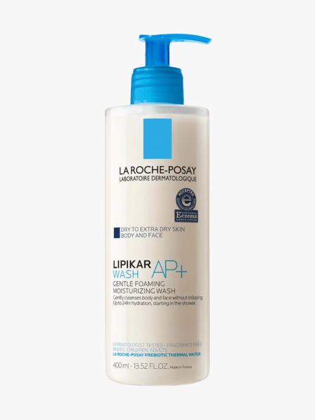 La Roche-Posay Lipikar AP+ Gentle Foaming Moisturizing Wash in branded component on a light gray background