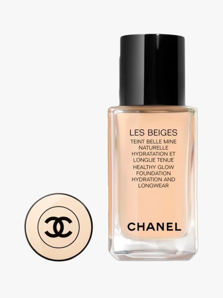 Chanel Les Beiges Healthy Glow Foundation in branded component on a light gray background